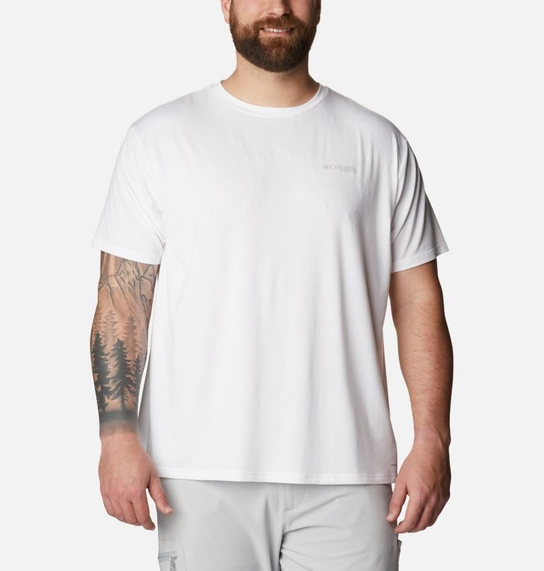 Men's Columbia PFG Fish Flag Tech Short Sleeve T Shirts White | Plus Size CA-B3685